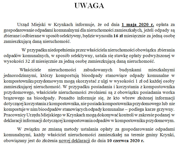 Informacja dot opłaty za gospodarowanie odpadami komunalnymi Miasto